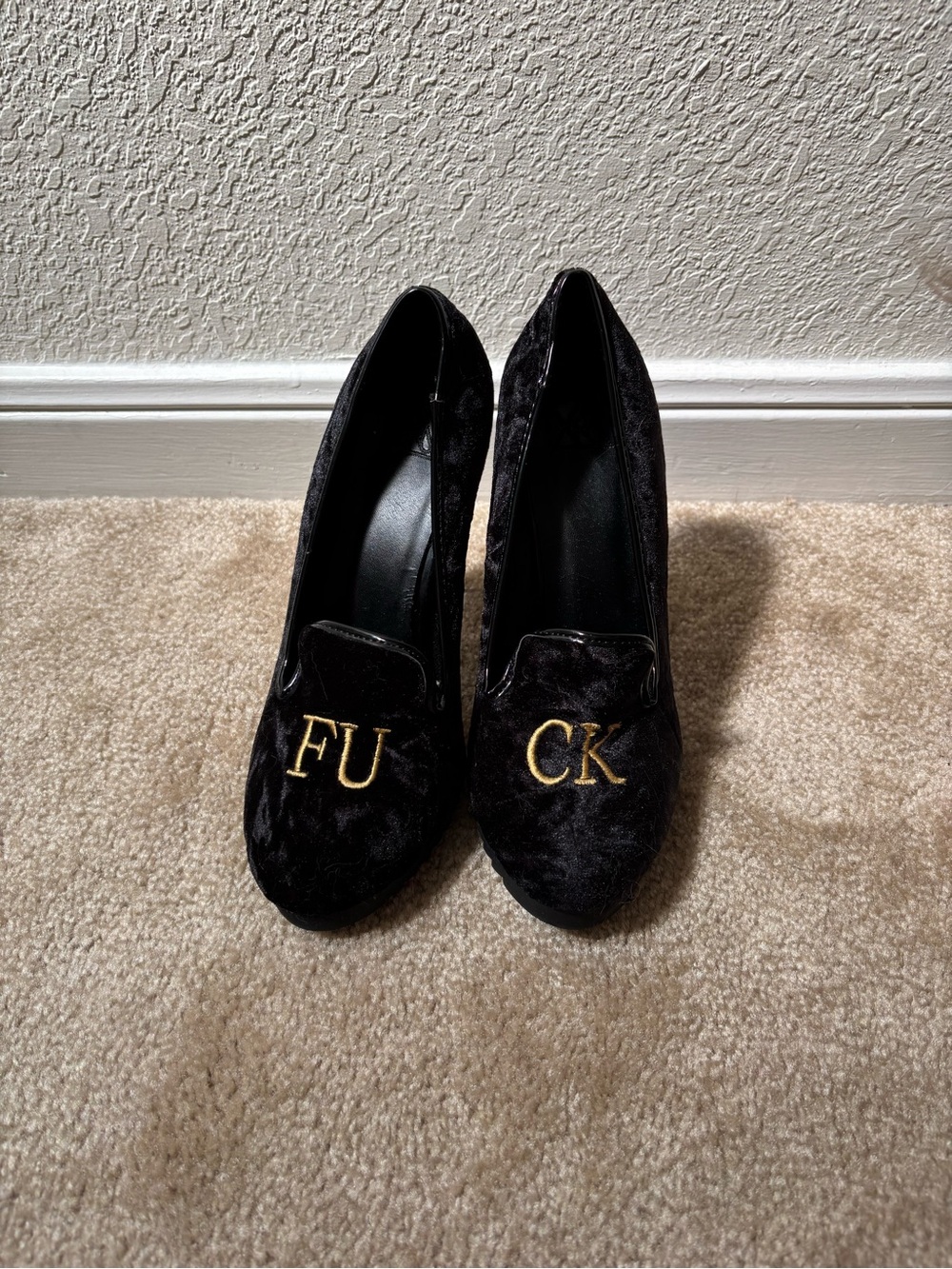 YRU Black Velvet Heels with Gold Embroidery